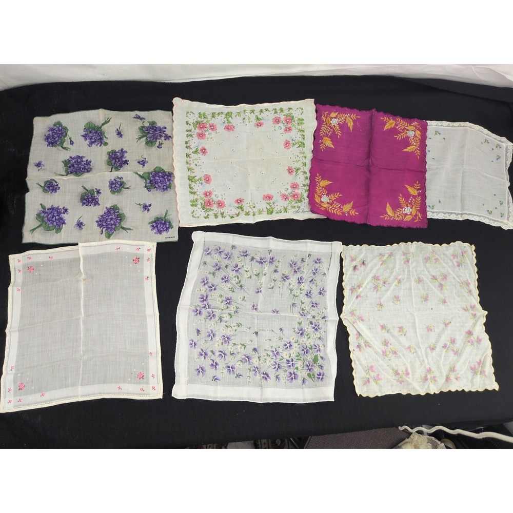 Lot of 7 Vintage Cotton/Linen/Silk Embroidered Printed etc. Hankies